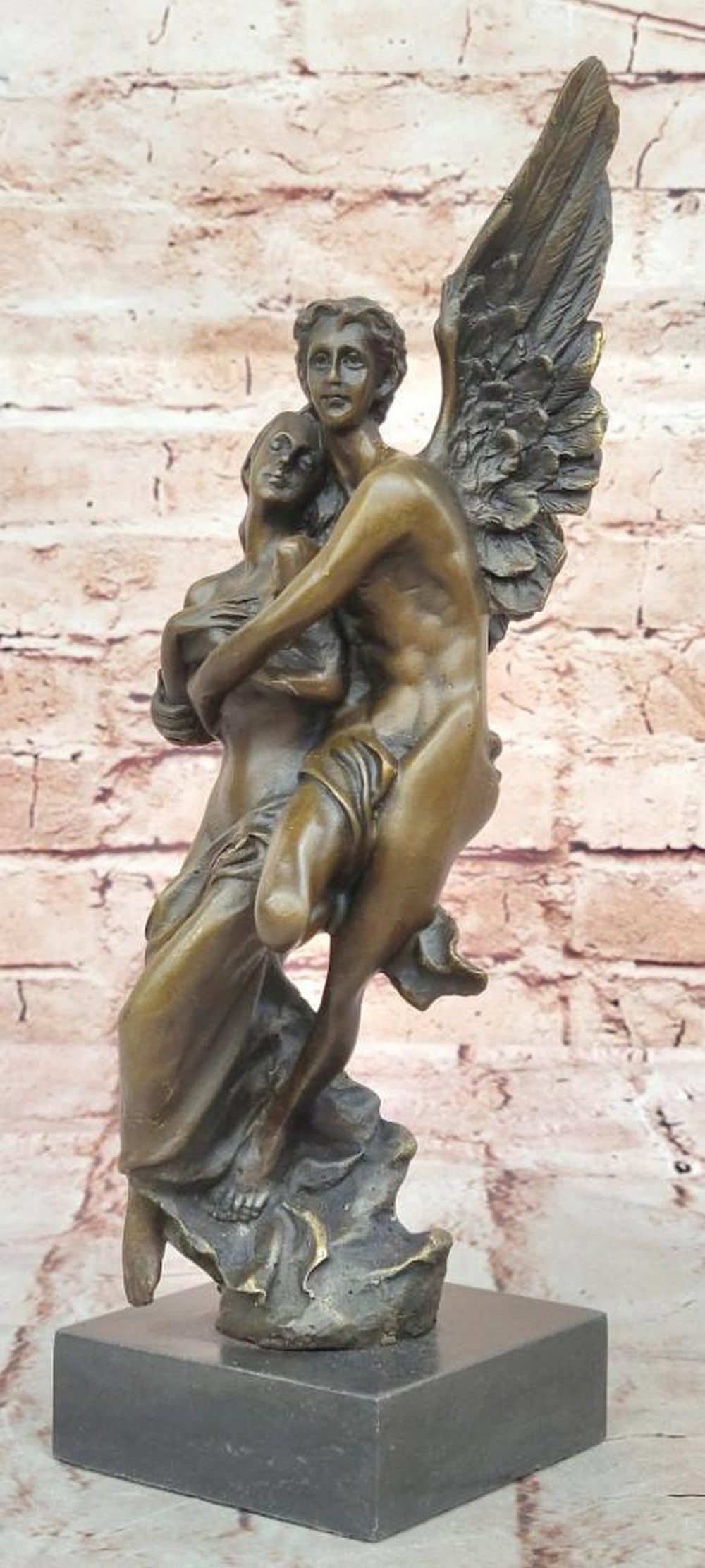 Bronze Sculpture of Cupid Carrying Psyche – Romantic Eros & Psyche – 11.5" x 4": Bronze Sculpture of Cupid Carrying Psyche – Romantic Eros & Psyche – 11.5" x 4" This beautiful bronze sculpture by Jean Debut captures the iconic love story of Cupid and Psyche with te