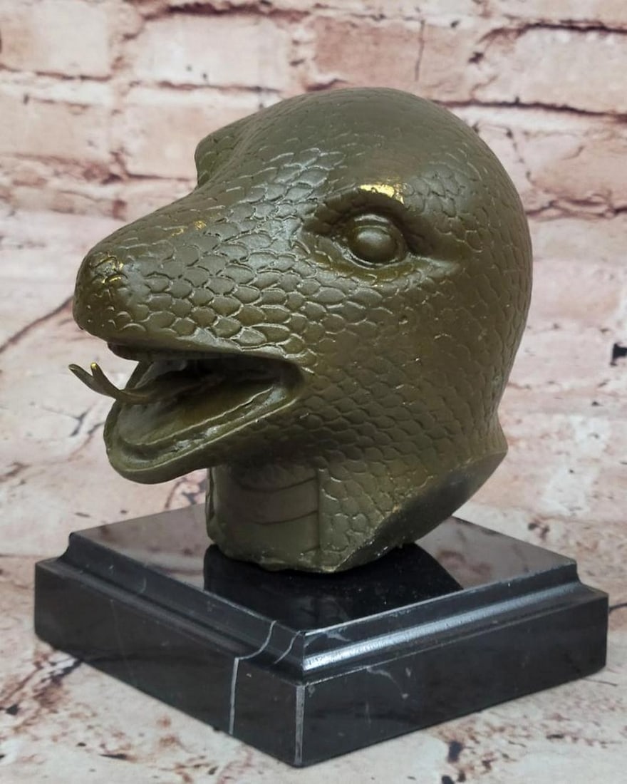 Bronze Snake Head Sculpture on Marble Base – Serpent Bus - 6" x 5": Bronze Snake Head Sculpture on Marble Base – Serpent Bus - 6" x 5" This original signed bronze sculpture by artist Yanze presents a powerful representation of the Snake, the sixth sign of