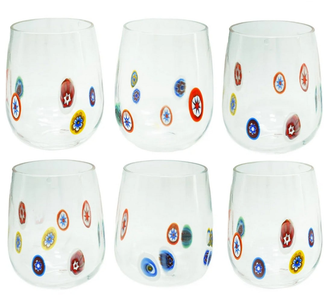 Light Millefiori Drinking Glasses Set of 6 - Murano Glass: Light Millefiori Drinking Glasses Set of 6 - Murano Glass This cool set of 6 glasses is crafted using the glass-blowing technique and features vibrant millefiori murrine. Perfect for everyday use, the