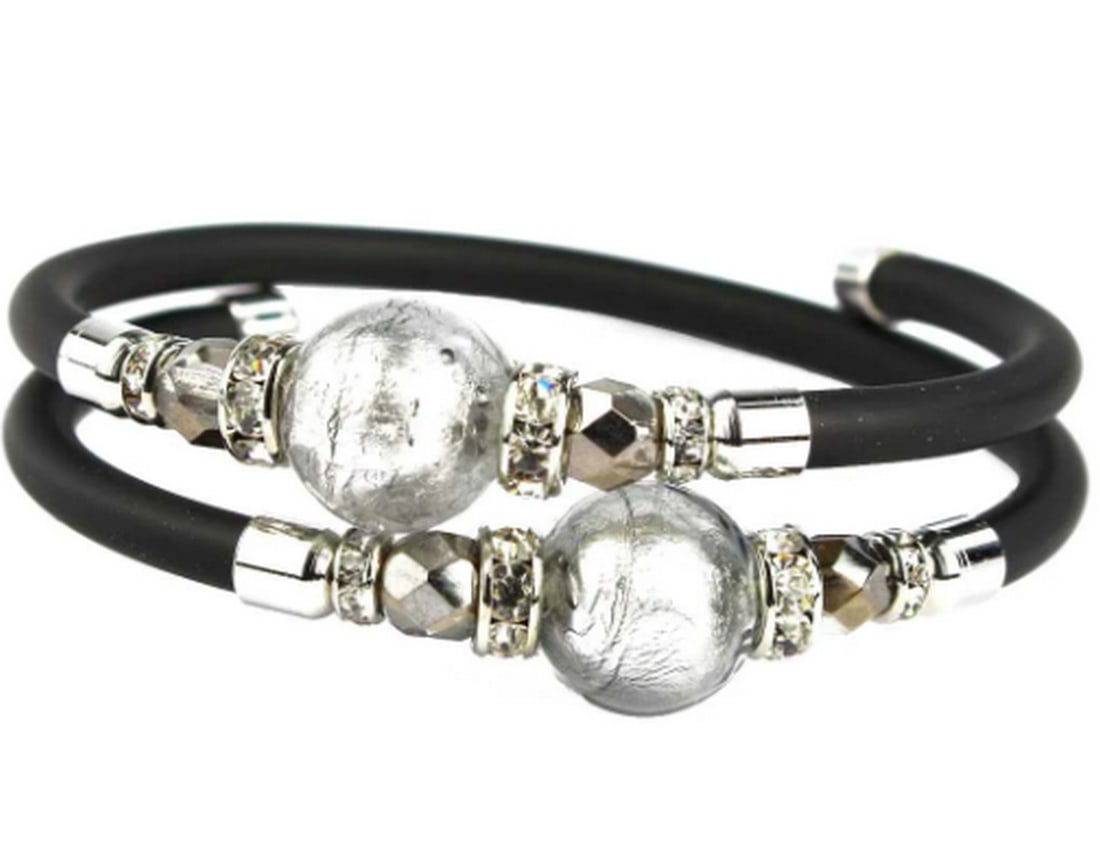 Comet Silver Bracelet - With Silver Leaf - Murano Glass: Comet Silver Bracelet - With Silver Leaf - Murano Glass This bracelet is crafted using the lampworking technique, with each bead individually shaped. The molten glass beads are enhanced with silver