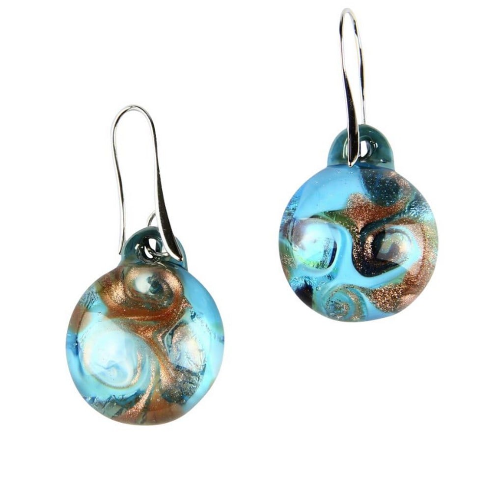 Cyan Submerged Glass Earrings – Murano Art: Cyan Submerged Glass Earrings – Murano Art These glass earrings are crafted using the hot modeling technique of lampworking, made from high-quality glass. Handmade in Murano, they are perfect for ev