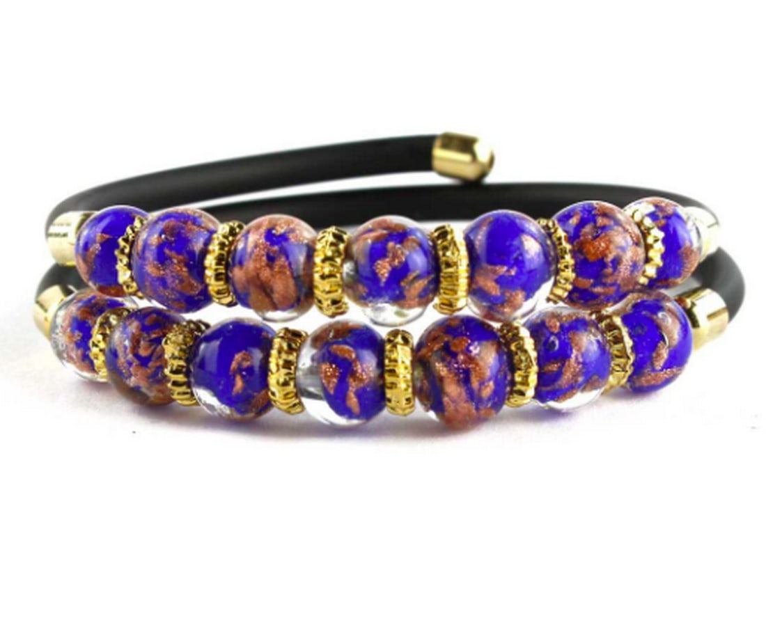 Serena Double Bracelet - Blue Avventurina Murano Glass: Serena Double Bracelet - Blue Avventurina Murano Glass This exquisite bracelet is crafted using the lampworking technique, with each bead meticulously shaped as a unique piece. Made from molten glas