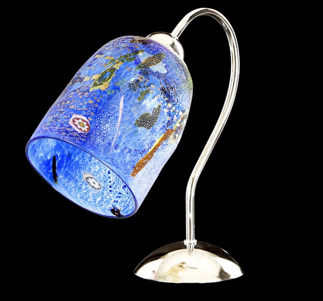 Murano Glass Italy Table Lamp: Murano Glass Italy Table Lamp Handcrafted Murano glass table lamp made from blown glass, featuring one light and an artistic glass cup holder decorated with murrine, canes, and silver accents. Dimensi