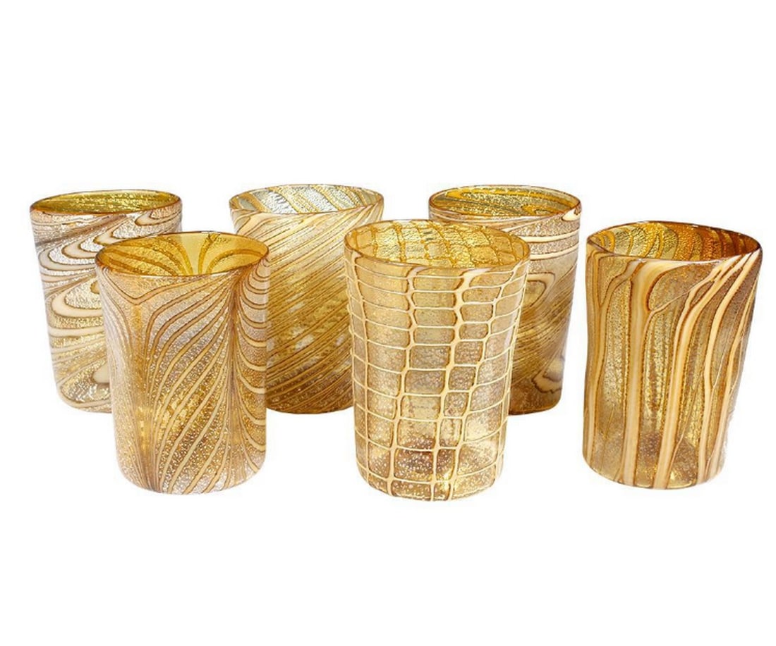 Amber Drinking Glasses Set with Pure Silver - Murano Glass: Amber Drinking Glasses Set with Pure Silver - Murano Glass This set of 6 glasses is entirely hand-blown and crafted by renowned Murano glass masters, featuring pure silver. These traditional goths are