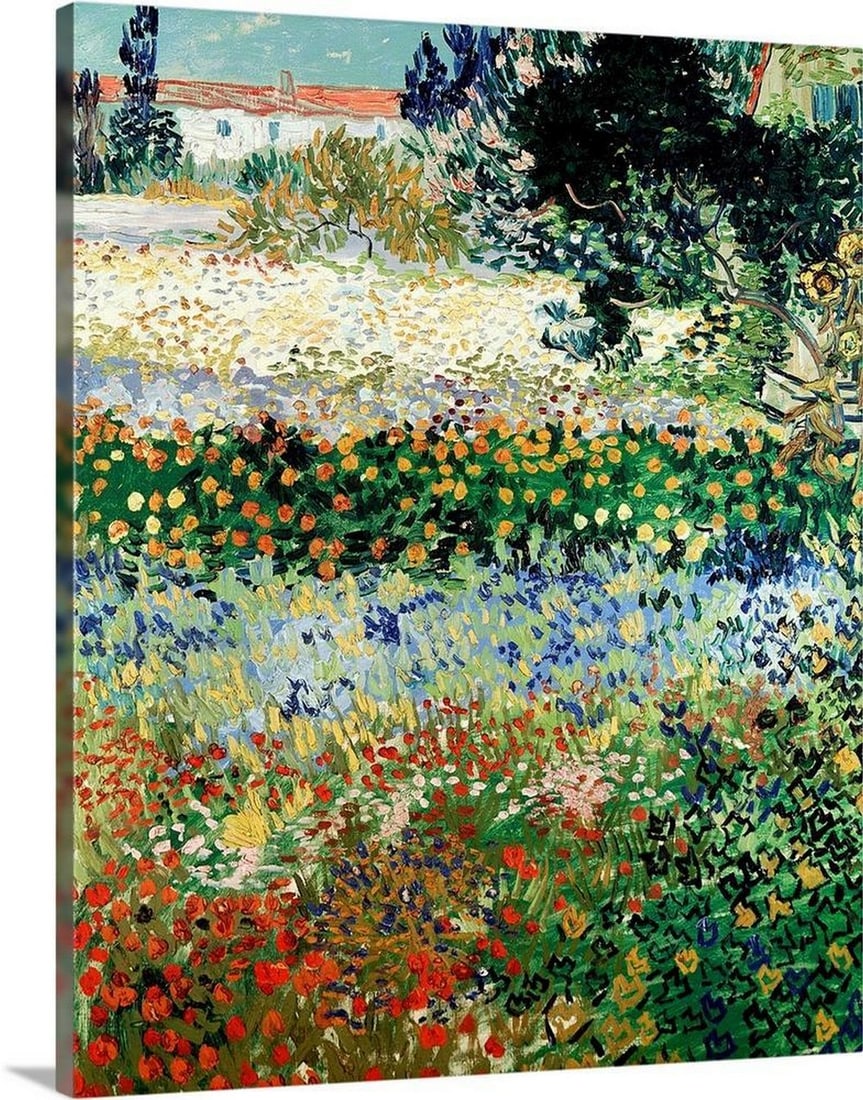 Garden in Bloom, Arles, 1888 Canvas Reproduction: Garden in Bloom, Arles, 1888 Canvas Reproduction Infuse your space with color and life through Vincent van Gogh’s Garden in Bloom, Arles, 1888, a radiant depiction of a flourishing flower garden in