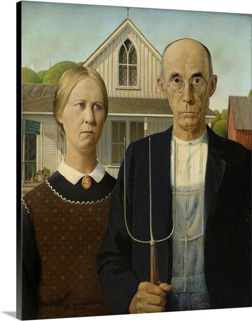 American Gothic Canvas Reproduction: American Gothic Canvas Reproduction Experience one of America’s most recognizable paintings with Grant Wood’s American Gothic, 1930. This canvas reproduction presents the stoic Midwestern couple s