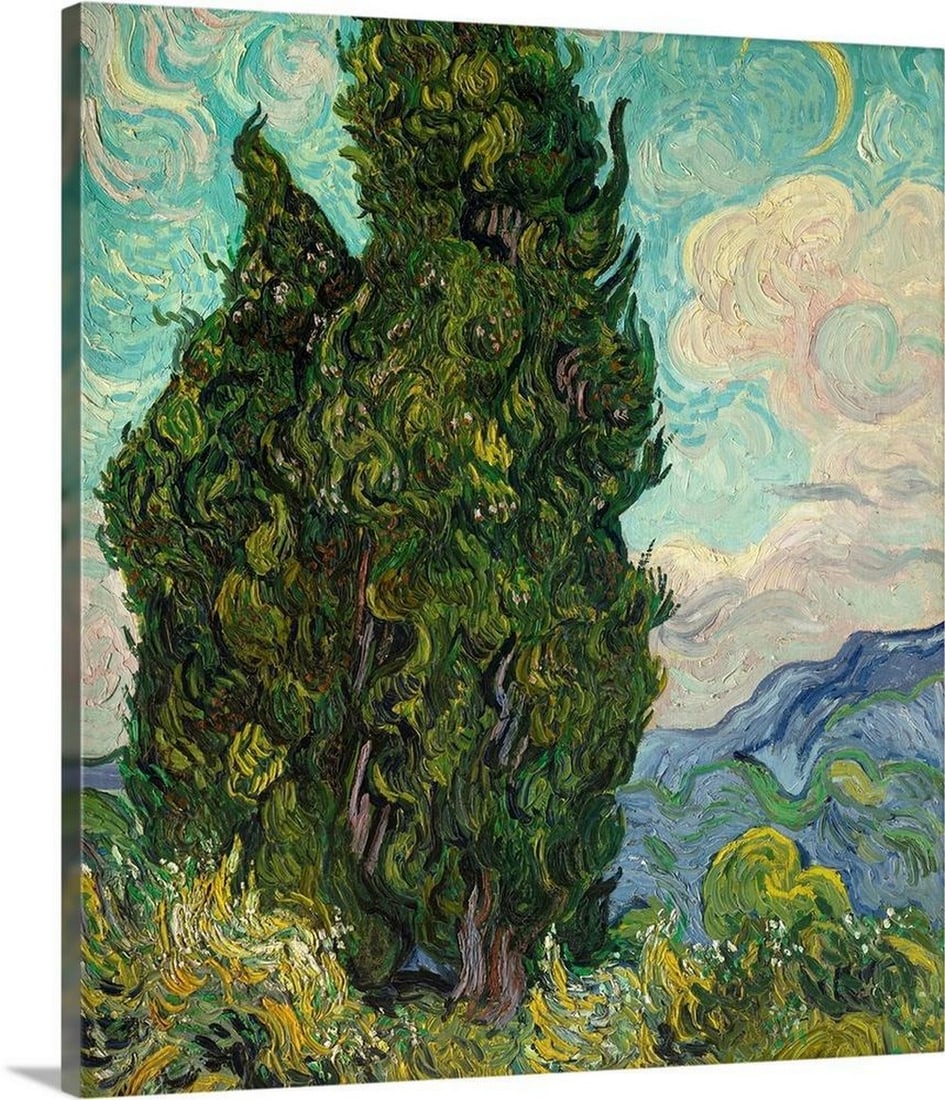 Cypresses Canvas Reproduction: Cypresses Canvas Reproduction Painted in June 1889 during Vincent van Gogh’s stay at the asylum in Saint-Rémy, Cypresses captures the artist’s fascination with the towering forms and vivid energy