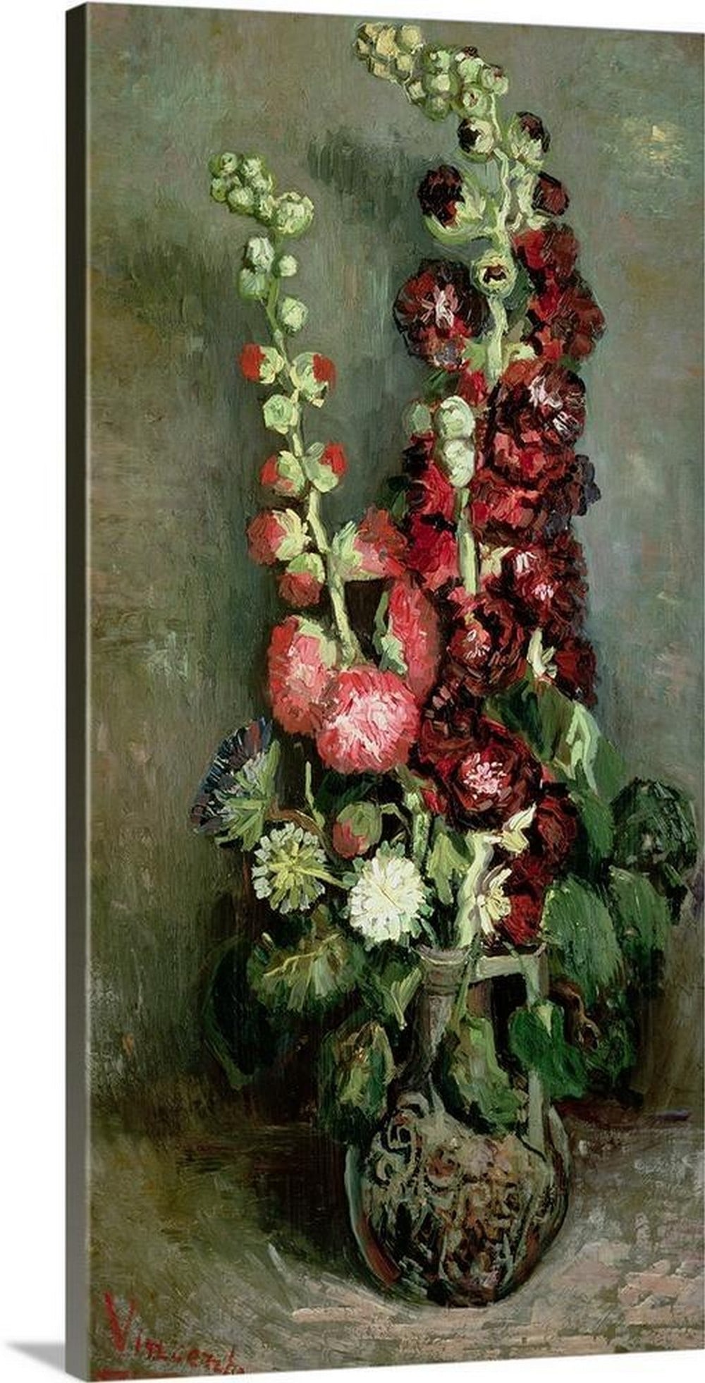 Vase of Hollyhocks Canvas Reproduction: Vase of Hollyhocks Canvas Reproduction Add a touch of timeless beauty to your home with Vincent van Gogh’s Vase of Hollyhocks, a graceful floral composition bursting with color and vitality. This c