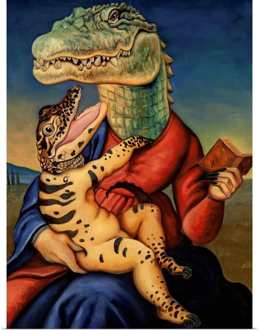Gatordonna Vintage Poster Print: Gatordonna Vintage Poster Print "Gatordonna" is an imaginative poster print by Jane R. Talton that merges playful surrealism with bold character. Featuring an alligator styled with an elegant,