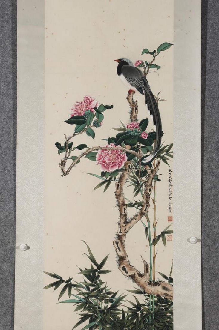 Yu Zhizhen Inspired Hand-Painted Birds and Flowers Scroll (1 of 9)