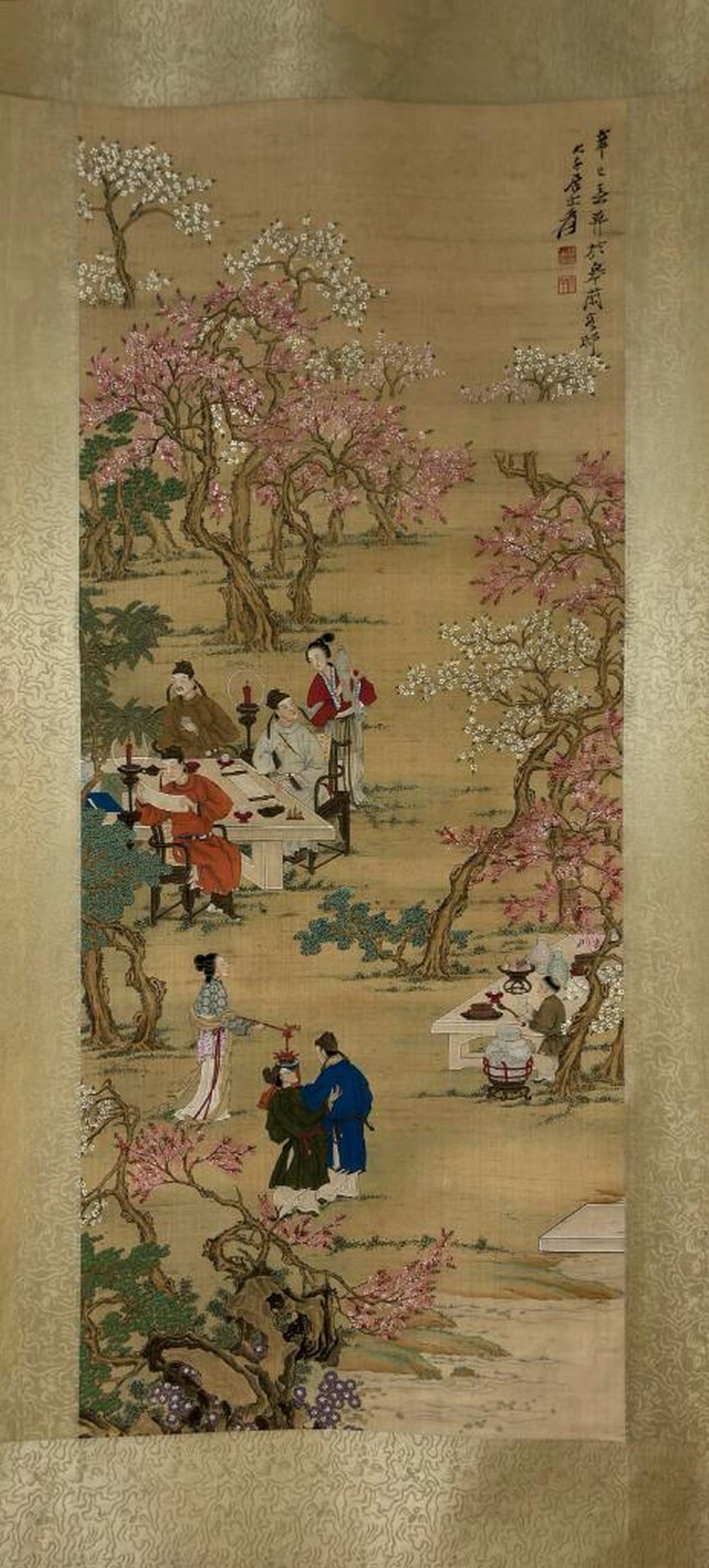 Zhang Daqian Inspired Hand-Painted “Gathering of Figures?? Silk Scroll: Zhang Daqian Inspired Hand-Painted “Gathering of Figures” Silk Scroll An inspired hand-painted silk scroll in the style of Zhang Daqian (1899–1983), depicting an elegant gathering of figure