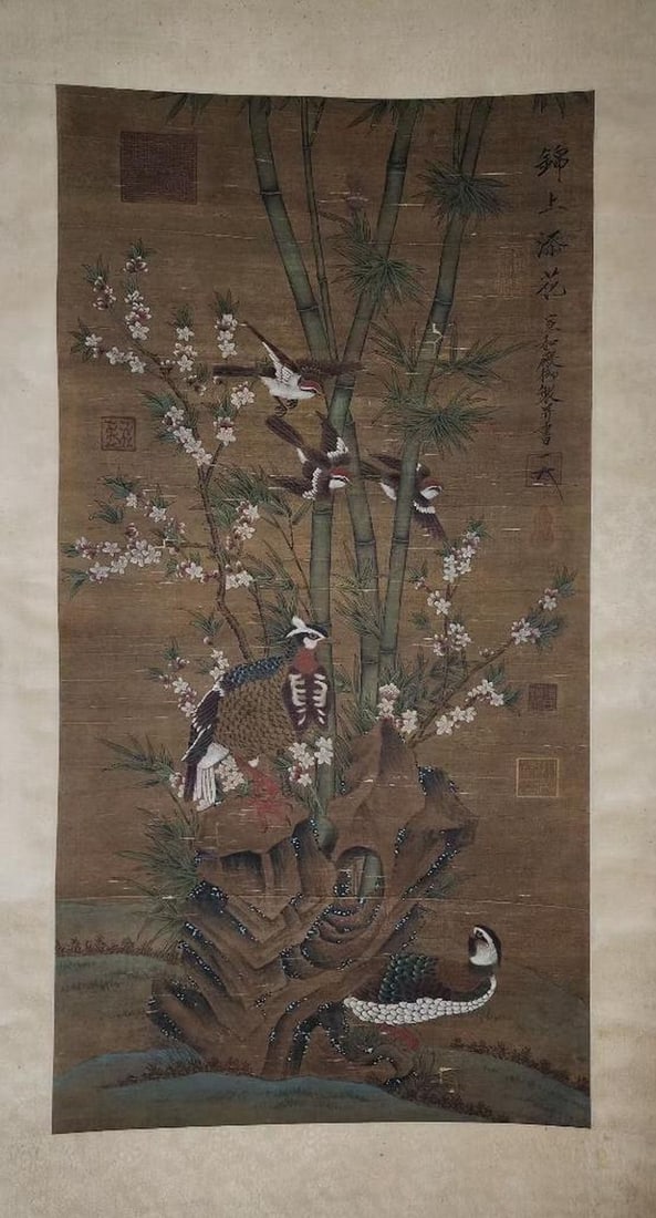 Song Huizong Inspired Hand-Painted Birds and Flowers Silk Scroll (1 of 9)