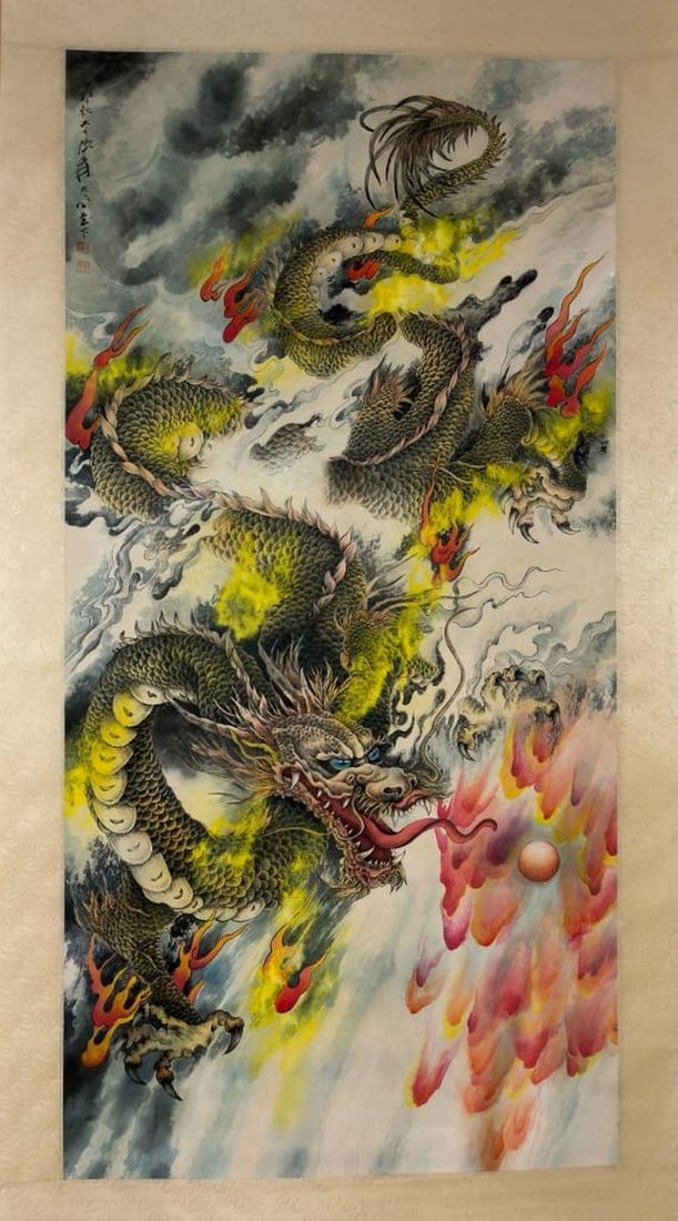 Zhang Daqian Inspired Hand-Painted Flying Dragon Scroll: Zhang Daqian Inspired Hand-Painted Flying Dragon Scroll An inspired hand-painted scroll in the style of Zhang Daqian, featuring a majestic flying dragon soaring through swirling clouds. Rendered with