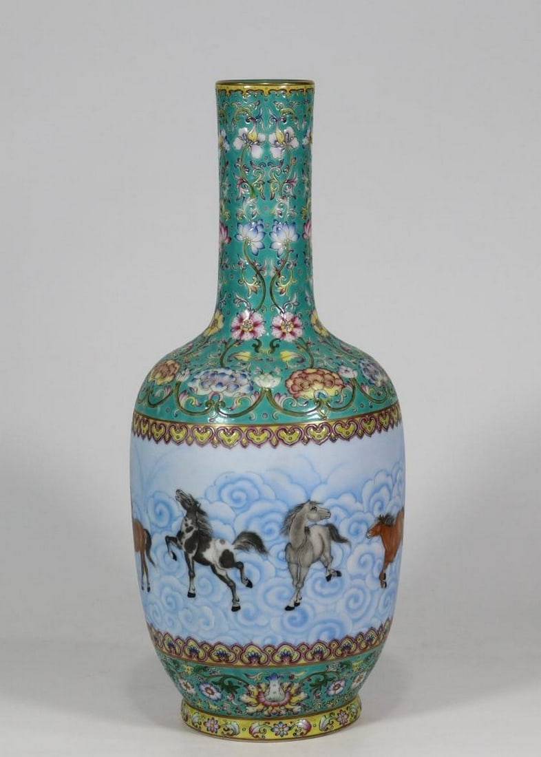 Inspired Turquoise Ground Long-Necked Vase with Eight Horses and Floral Motif: Inspired Turquoise Ground Long-Necked Vase with Eight Horses and Floral Motif A superb long-necked porcelain vase inspired by the Qianlong period (1736–1795), featuring a rich turquoise blue enamel