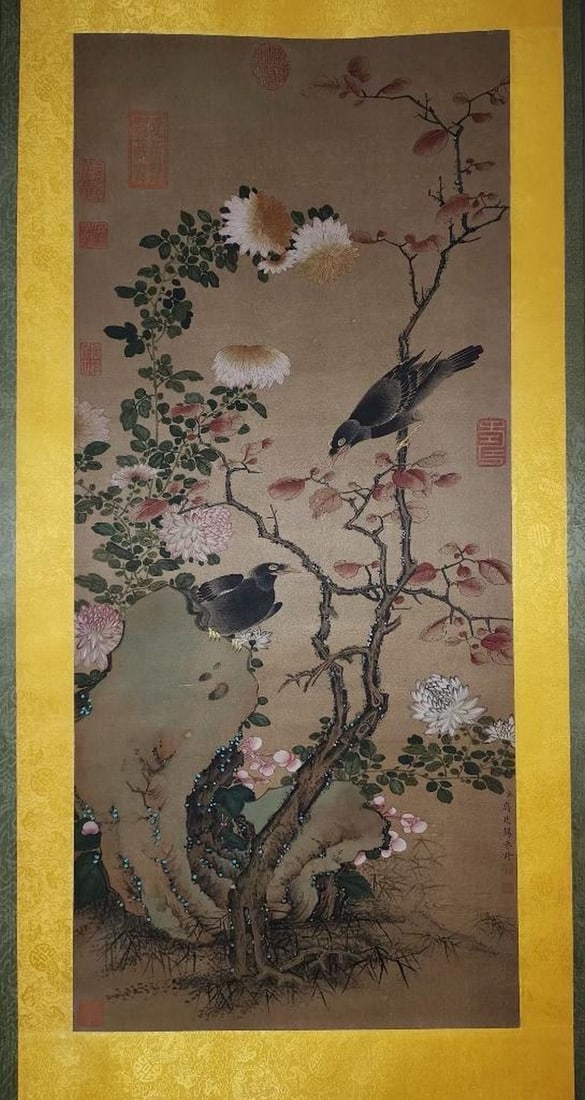 Jing Tingxi Inspired Hand-Painted Silk Scroll: Two Birds: Jing Tingxi Inspired Hand-Painted Silk Scroll: Two Birds This delicate silk scroll inspried by Qing dynasty painter Jing Tingxi beautifully captures a moment of quiet connection in nature. Two birds,