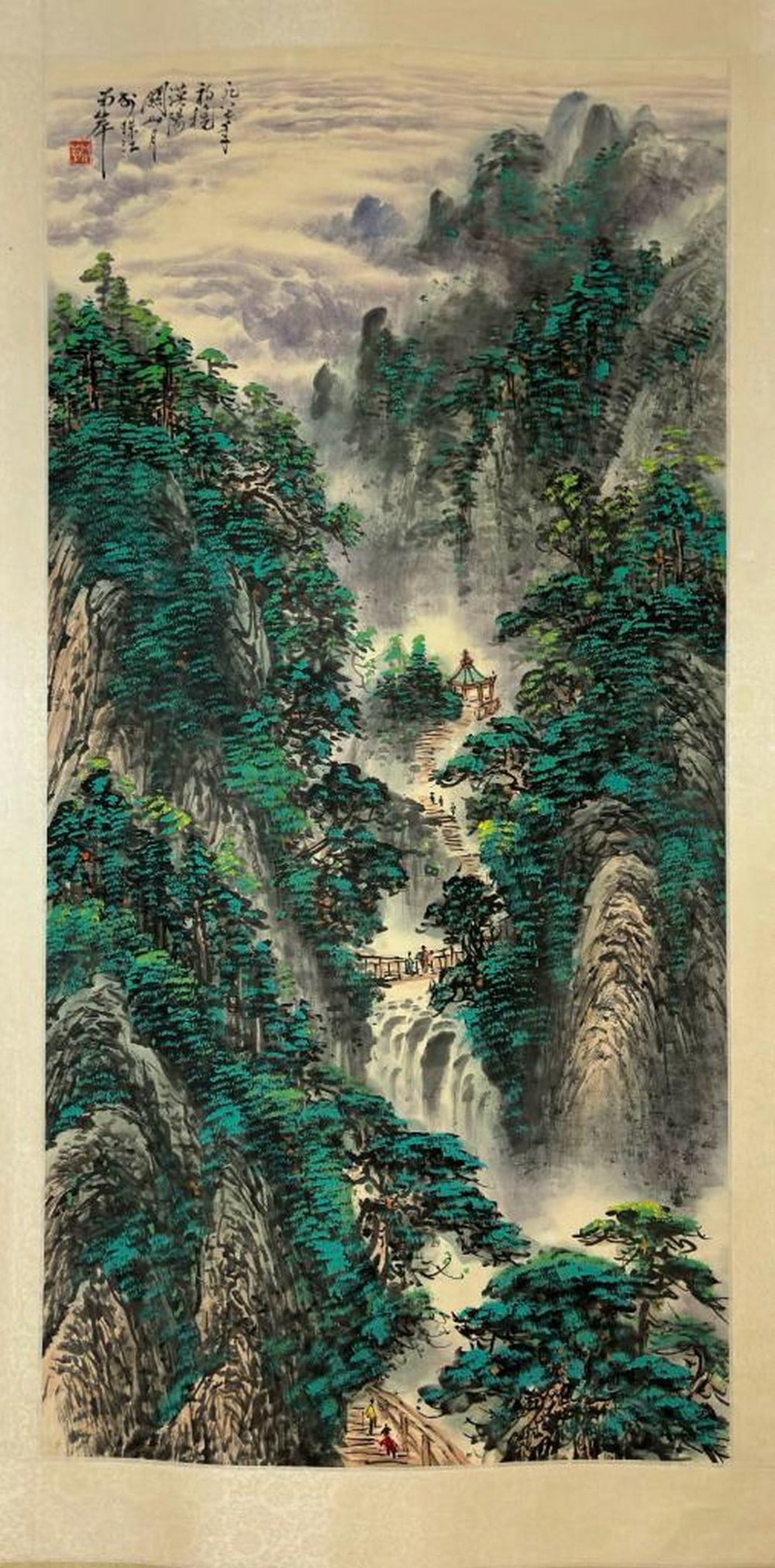 Guan Shanyue Inspired Hand-Painted Landscape Scroll: Vibrant Greens - 2