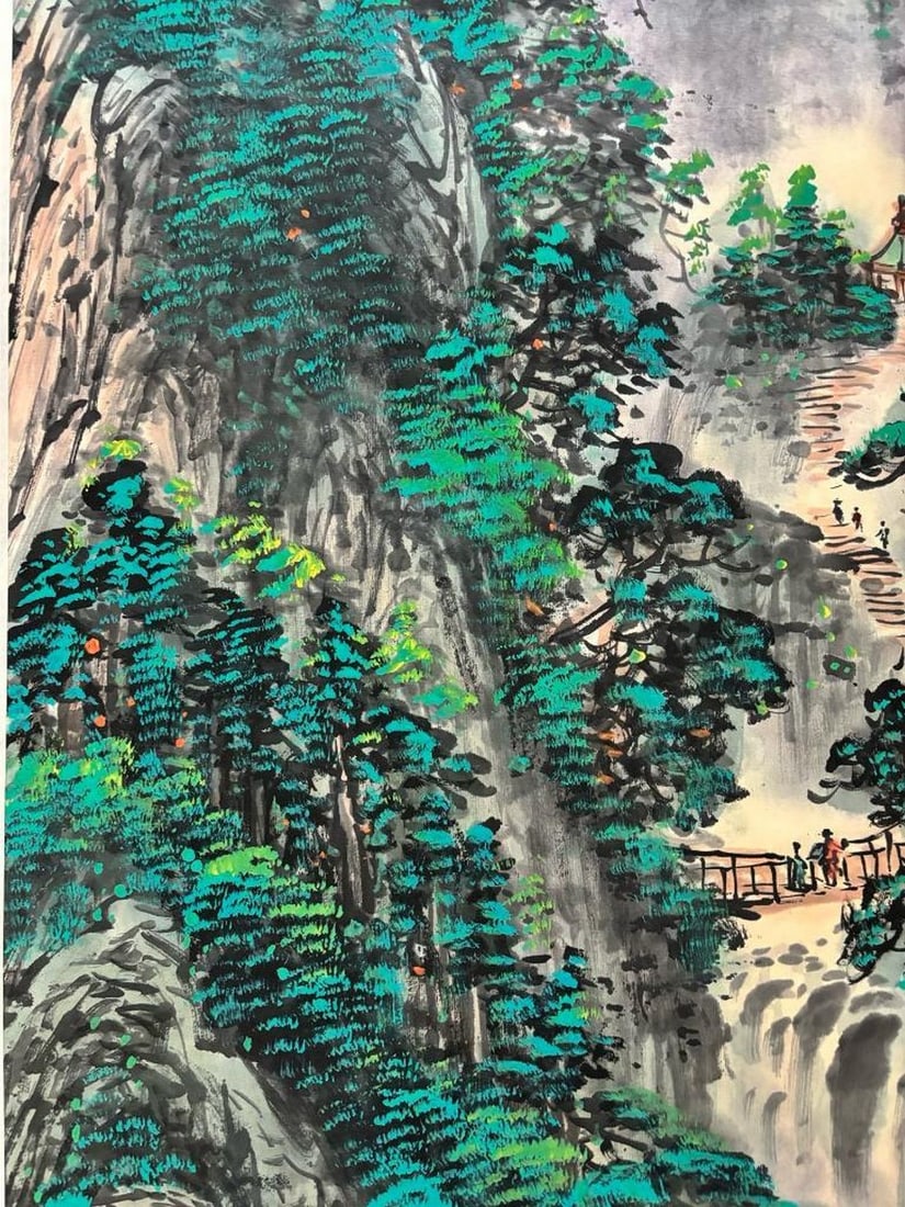 Guan Shanyue Inspired Hand-Painted Landscape Scroll: Vibrant Greens - 5