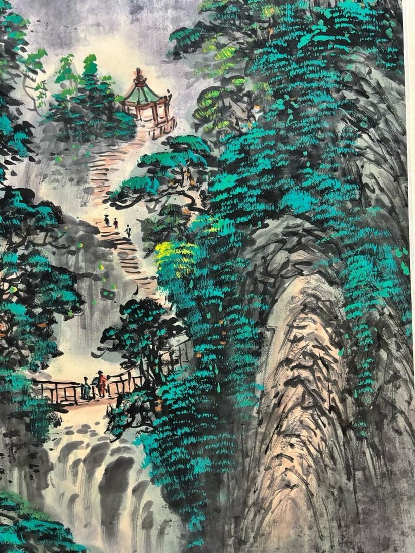 Guan Shanyue Inspired Hand-Painted Landscape Scroll: Vibrant Greens - 6