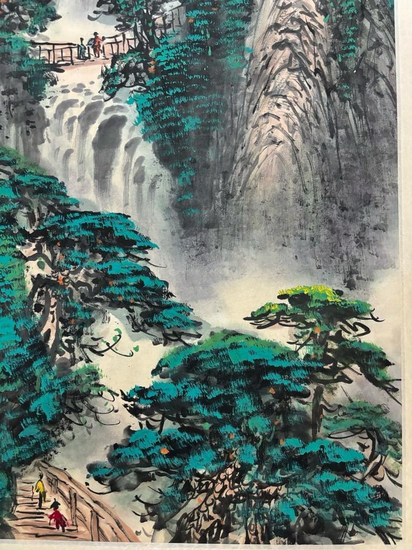 Guan Shanyue Inspired Hand-Painted Landscape Scroll: Vibrant Greens - 8