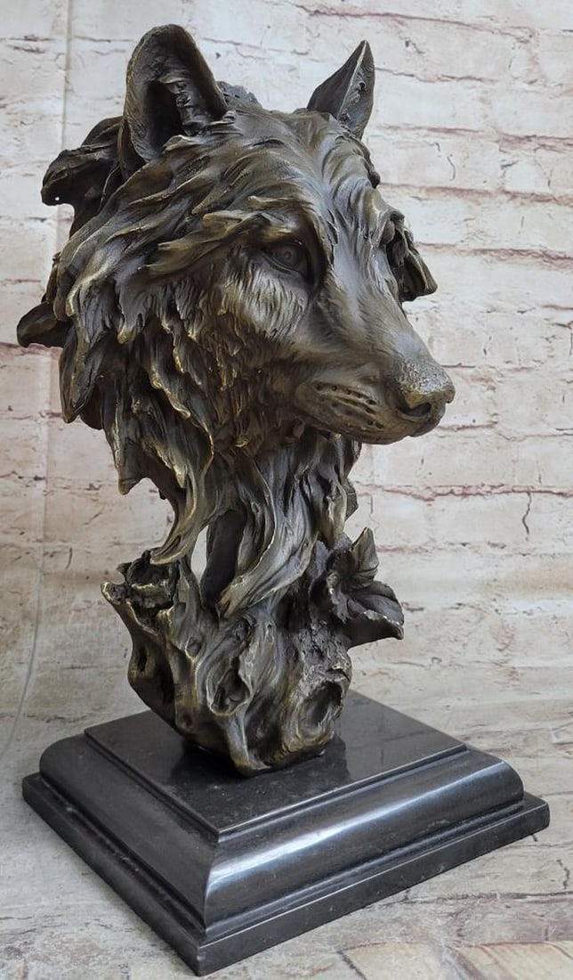 Abstract Bronze Wolf Head Bust Sculpture Signed Original By Milo - 12lbs: This sculpture captures the wild dignity of the wolf. The base of the sculpture in its abstract sense resembles that of a winding tree trunk that blooms into a bust of wolf head that stares out of its