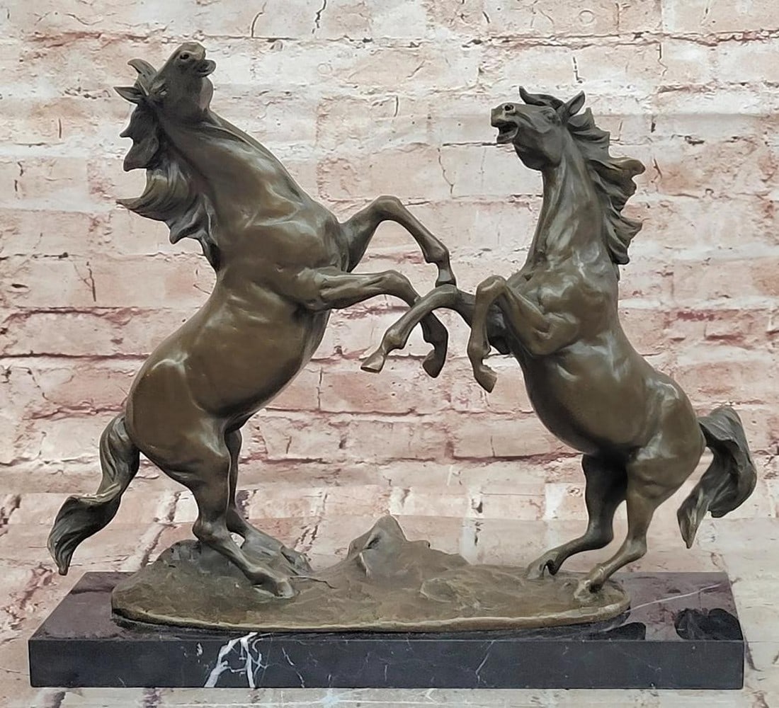 Miguel Lopez (Milo) Original Fighting Stallions Bronze Sculpture on Marble Base – 14" x 17": Miguel Lopez (Milo) Original Fighting Stallions Bronze Sculpture on Marble Base – 14" x 17" This bronze sculpture depicts two stallions in combat, rendered with attention to proportion, mus