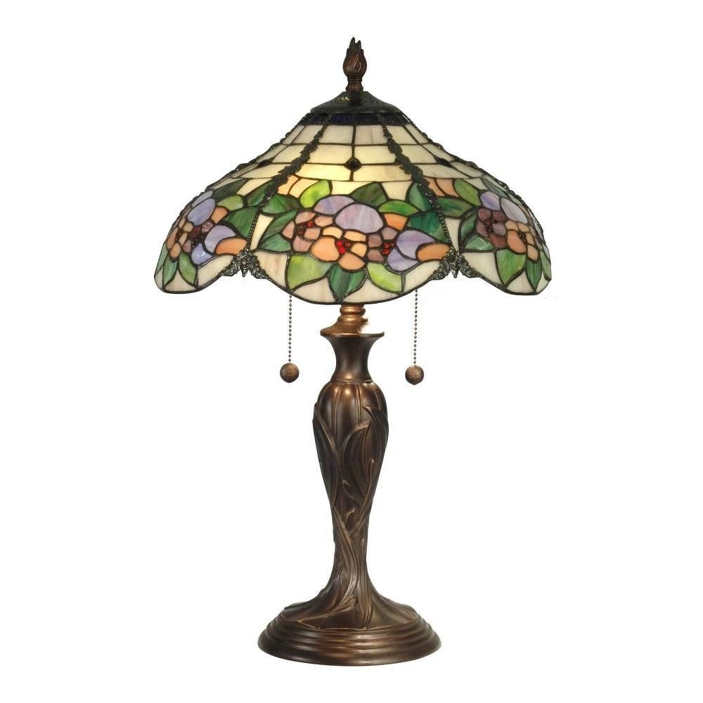 Tiffany-Inspired Floral Table Lamp: Tiffany-Inspired Floral Table Lamp This Tiffany-style table lamp showcases a charming floral motif with creamy beige art glass set against lush pink, purple, and periwinkle flowers. Verdant green fol