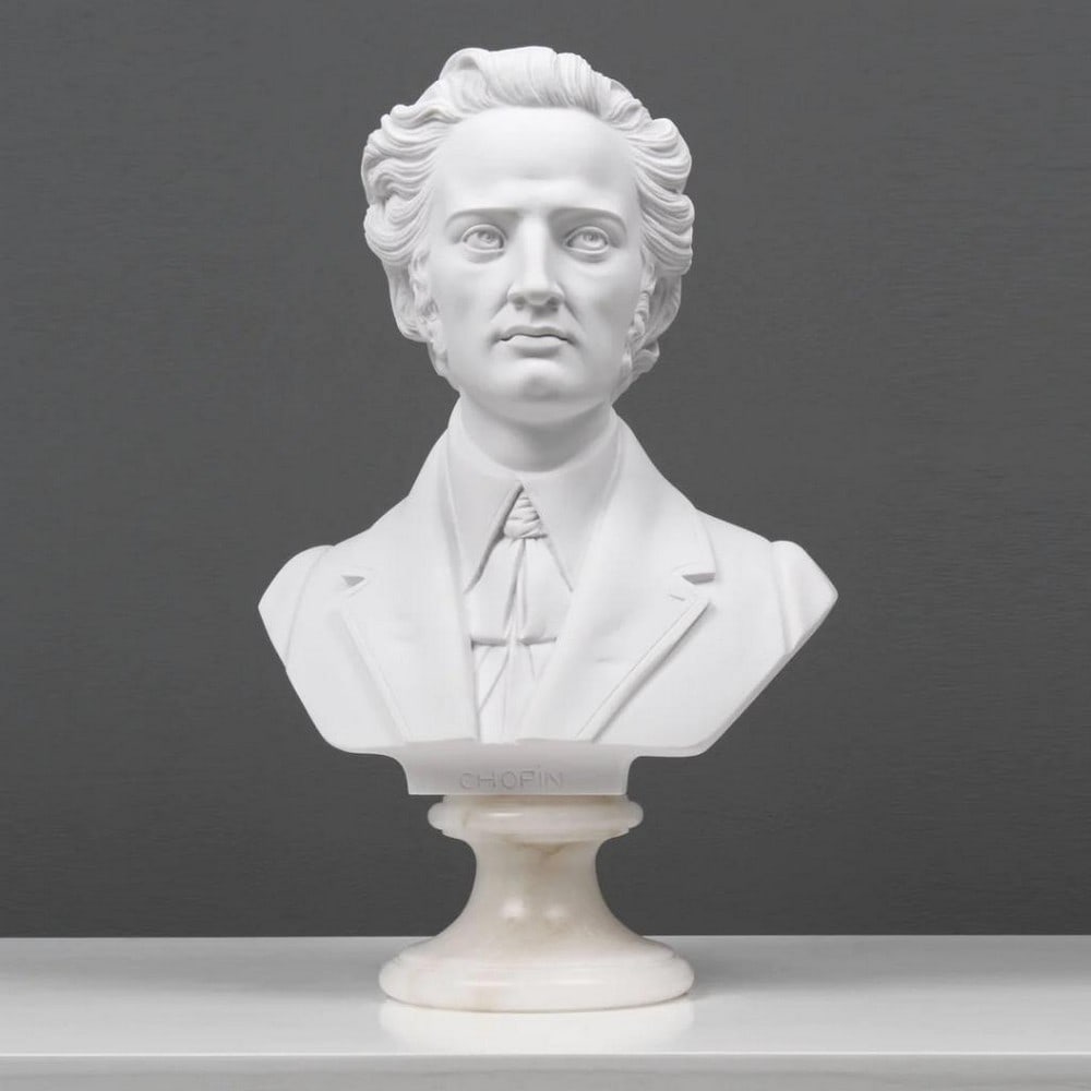 White Carrara Marble "Frederic Francois Chopin" Bust Statue - 9.7lbs: White Carrara Marble "Frederic Francois Chopin" Bust Statue - 9.7lbs Chopin bust statue featuring the famous Polish composer and virtuoso pianist of the Romantic era. Frédéric François Cho