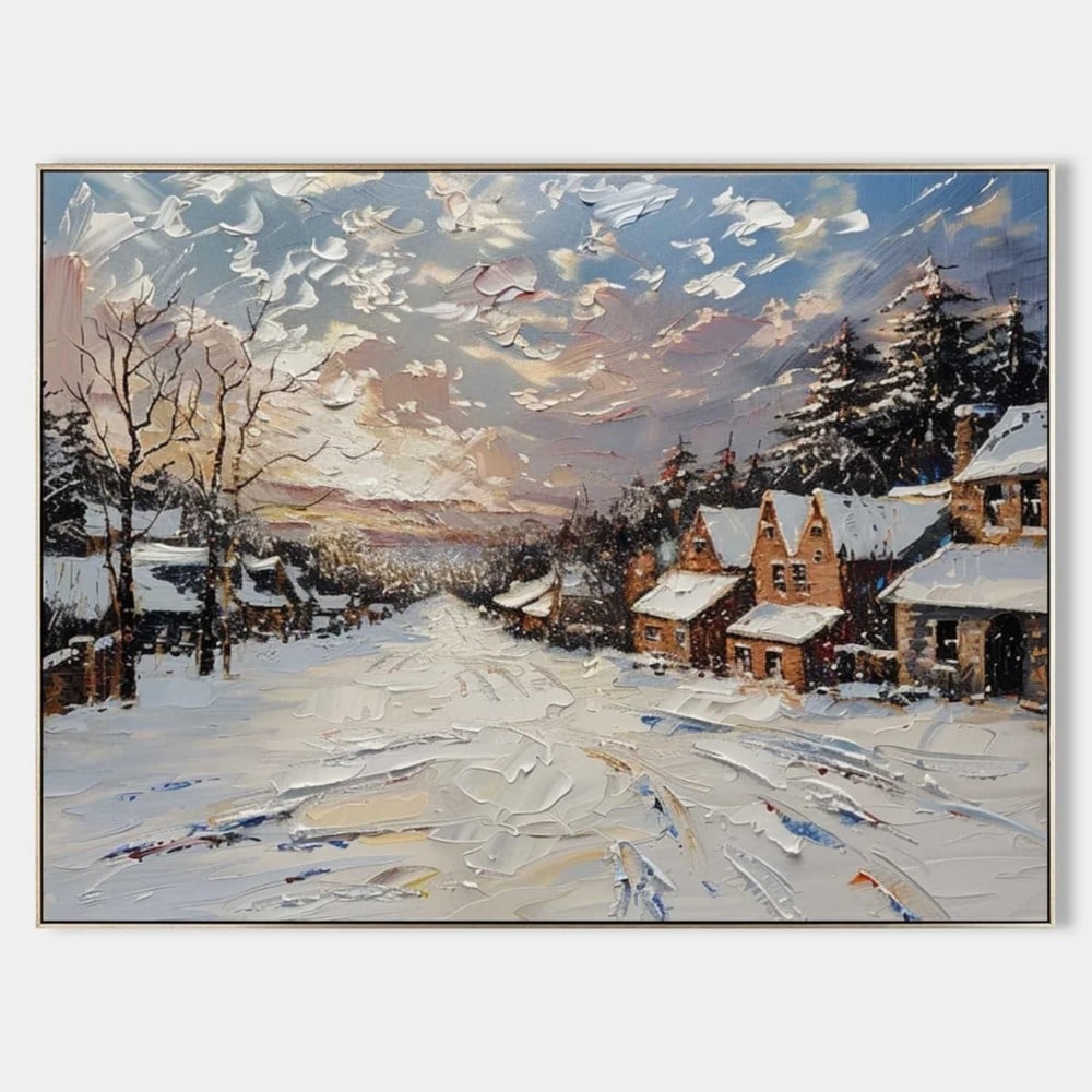Winter Village Road Canvas Painting: Winter Village Road Canvas Painting This textured oil painting captures the quiet charm of a snow-covered village road. Thick palette knife strokes create a rich impasto surface, giving the snow a tac