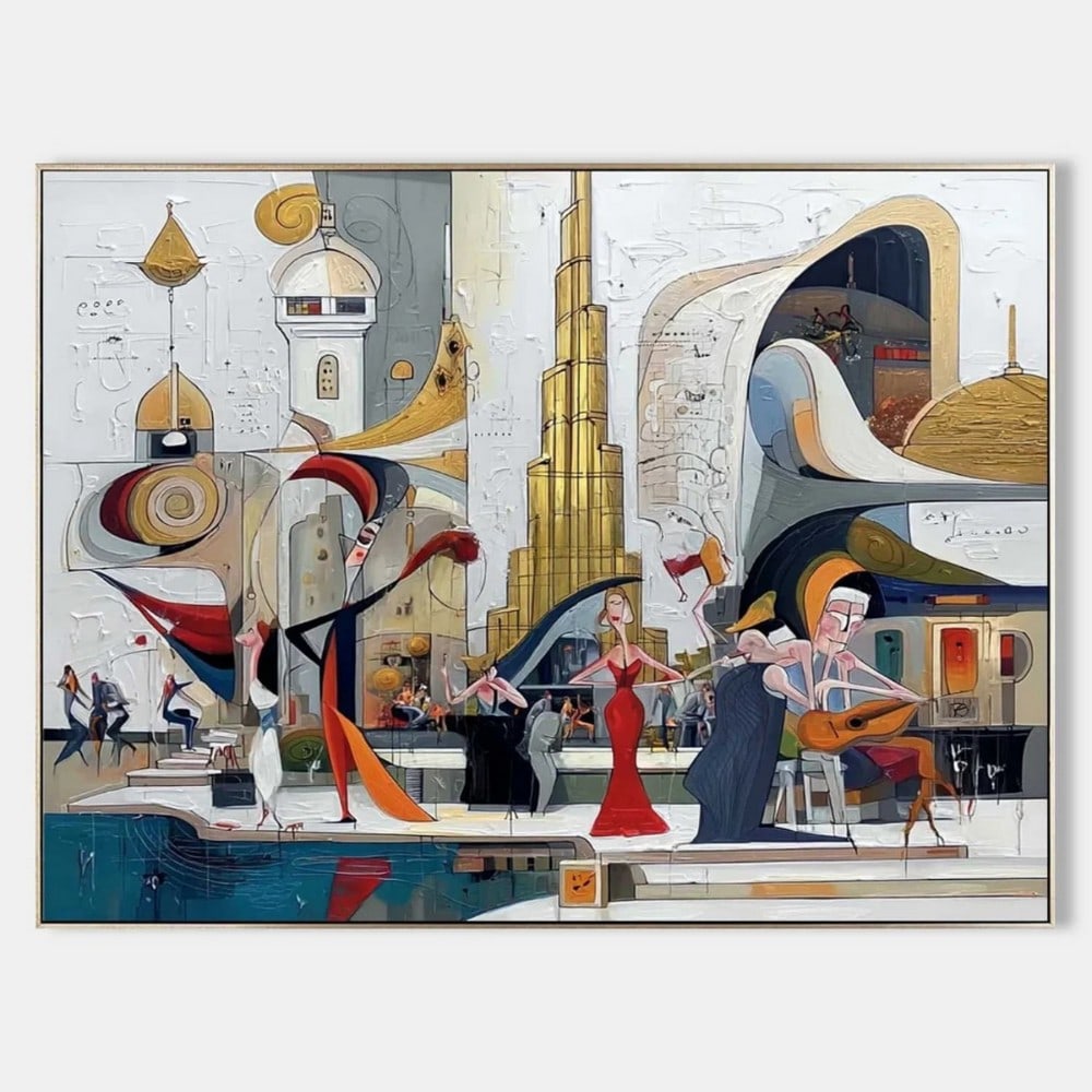 Modern Metropolis Symphony Figurative Canvas Painting: Modern Metropolis Symphony Figurative Canvas Painting Celebrate the vibrant energy of urban life with Modern Metropolis Symphony, a figurative canvas painting that blends architecture, music, and