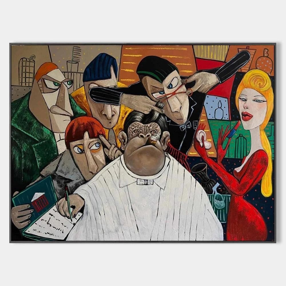 Framed Monkey's Grooming Session Pop Art Canvas Painting: Framed Monkey's Grooming Session Pop Art Canvas Painting Add a quirky touch to your space with the "Framed Monkey's Grooming Session" pop art canvas painting. This playful piece featu