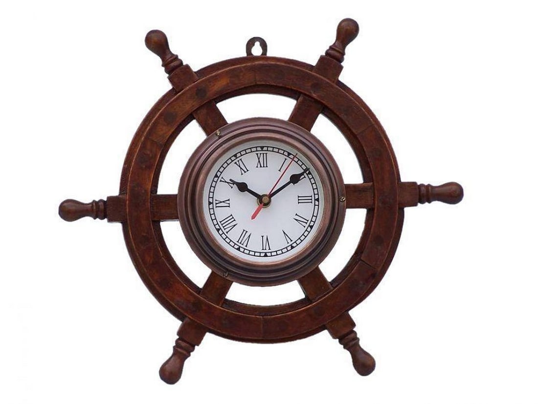 12" Premium Wooden Ship Steering Wheel Clock with Antique Copper Finish (1 of 6)