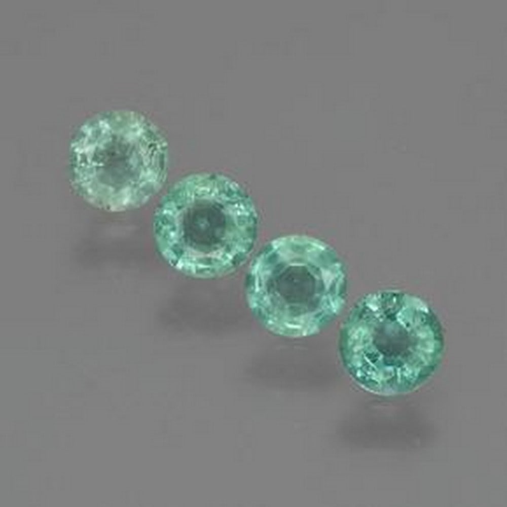 0.75ct Round Cut Light Green Emeralds: 0.75ct Round Cut Light Green Emeralds This lot contains 4 round cut emeralds all at 0.19ct each. Raw Dimension: 3.7 x 3.7mm Treated Yes. An oil has been used to fill in fractures in the