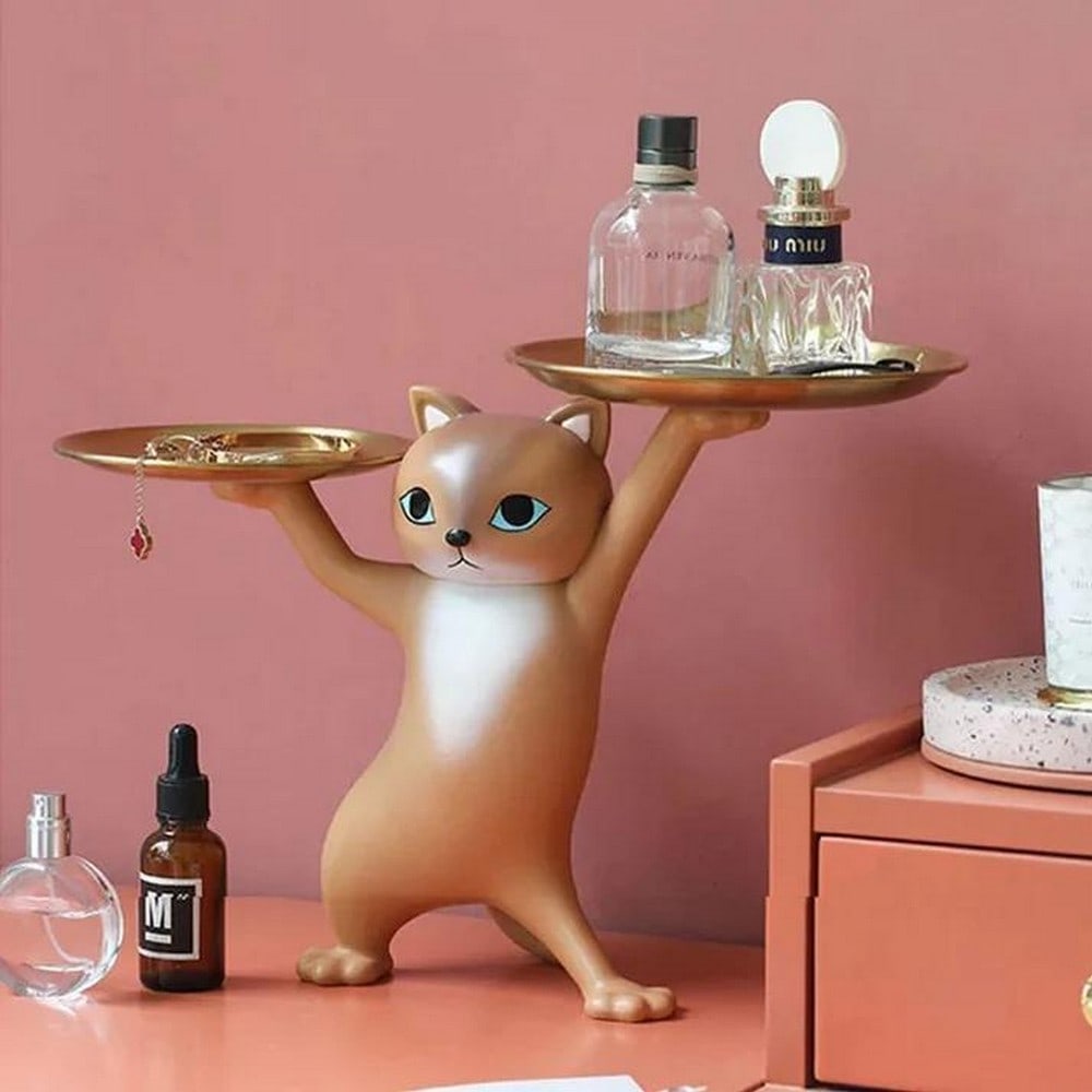 9.8" Clever Feline Sculpture with Dual Trays: 9.8" Clever Feline Sculpture with Dual Trays Introducing our Clever Feline Sculpture with Dual Trays, a whimsical and functional addition to your space. This charming sculpture captures the playf