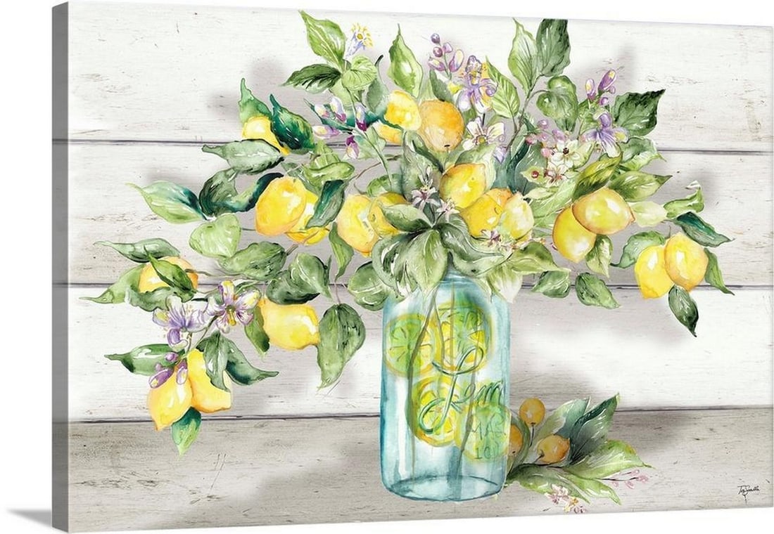 Watercolor Lemons in Mason Jar Landscape Canvas Reproduction: Watercolor Lemons in Mason Jar Landscape Canvas Reproduction This charming watercolor artwork presents a rustic still life of a branch laden with ripe lemons and delicate lemon blossoms, arranged in a