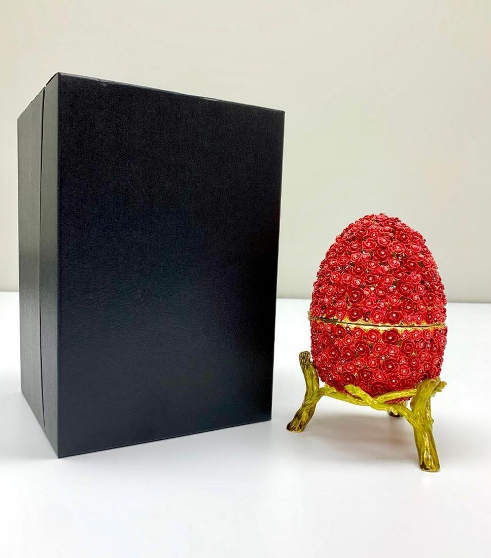 Red Flowers Faberge Egg: Red Flowers Faberge Egg Enamel Painted Trinket Box Decorated with Austrian Crystals • Plated with 24K Gold or 925 Silver. • Each crystal is handpicked and artistically placed on each