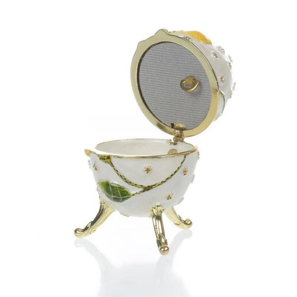 White Faberge Inspired Egg Music Box Decorated With Stunning Yellow Flower - 2