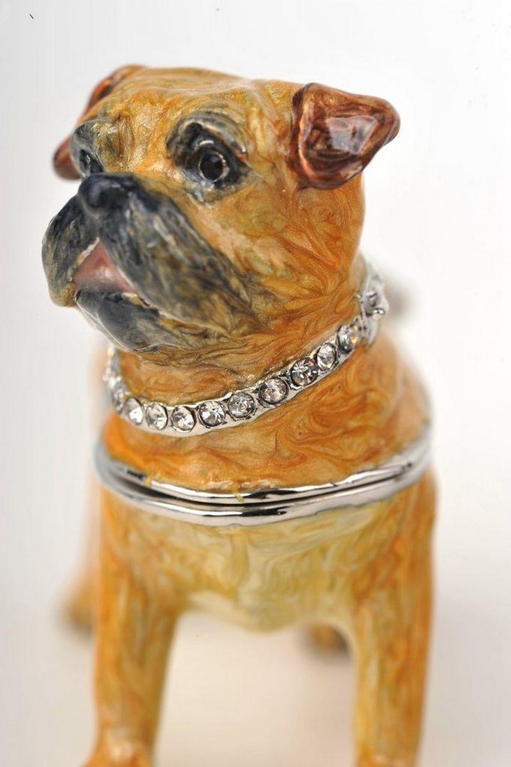 ENAMEL PAINTED DOG TRINKET BOX DECORATED WITH AUSTRIAN CRYSTALS: Enamel Painted Dog Trinket Box Decorated with Austrian Crystals A fascinating handmade yellow dog Trinket Box. This piece is unique and one of a kind. Made for art lovers who get inspired by