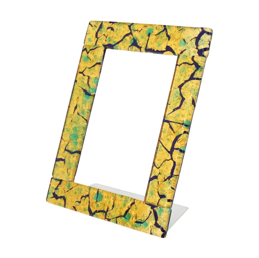 Murano Fused Glass Photo Frame “Golden Fantasy?? with Green Glass and Gold Leaf: Murano Fused Glass Photo Frame “Golden Fantasy” with Green Glass and Gold Leaf Decorated with vibrant multicolored glass and delicate gold leaf, this piece is expertly crafted using the glass
