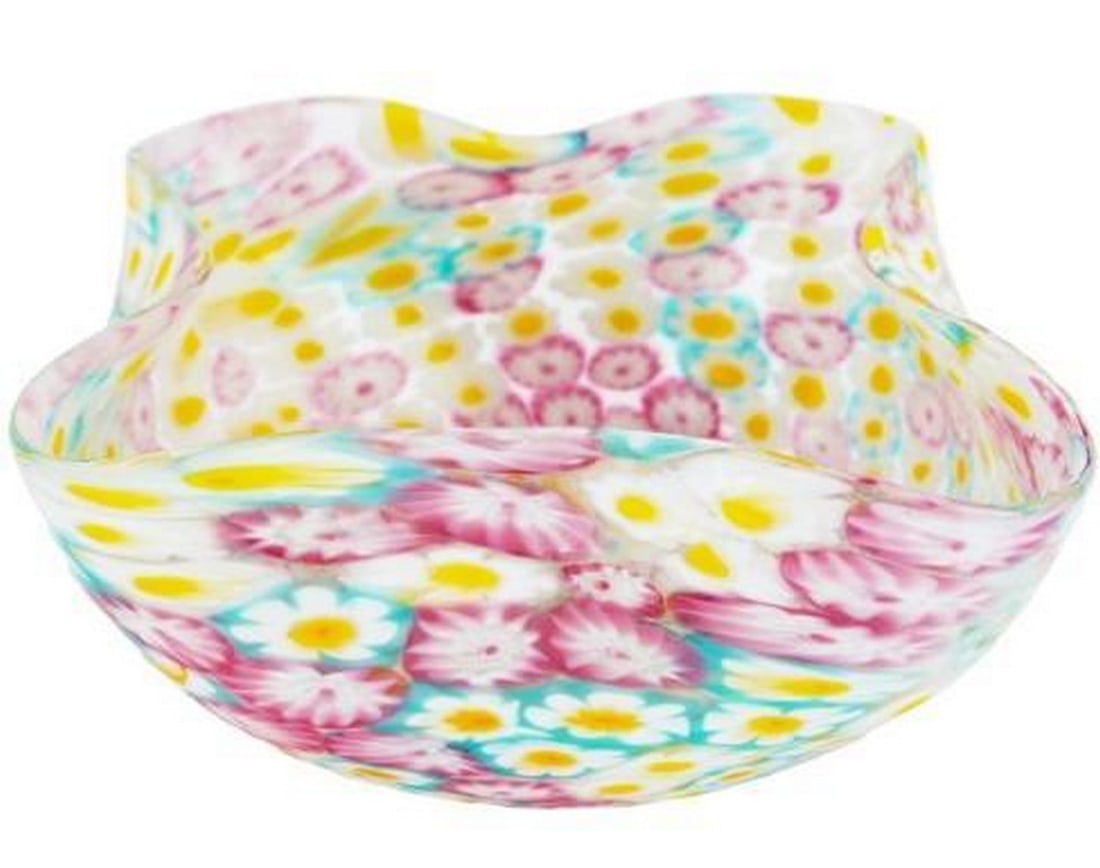 Millefiori Wavy Bowl Pink Murano Glass with Floral Mosaic: Millefiori Wavy Bowl Pink Murano Glass with Floral Mosaic A delicate celebration of color and craftsmanship, this pink Murano glass wavy bowl features the timeless millefiori technique, with floral m