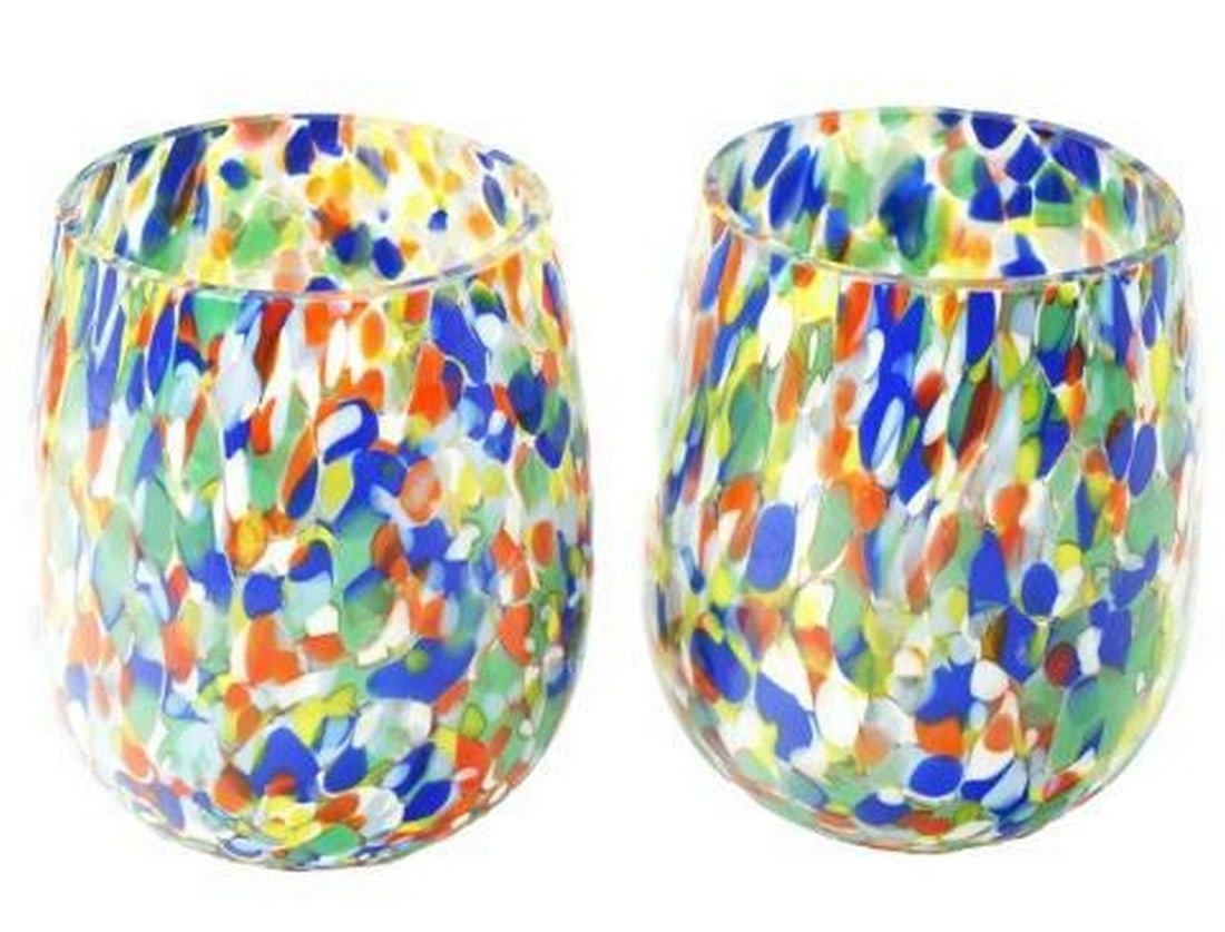 Set of 2 Multicolor Abstract Handcrafted Murano Glass Drinking Glasses: Set of 2 Multicolor Abstract Handcrafted Murano Glass Drinking Glasses Add a burst of color to your table with this set of two handcrafted Murano glass drinking glasses, each featuring a lively abstr
