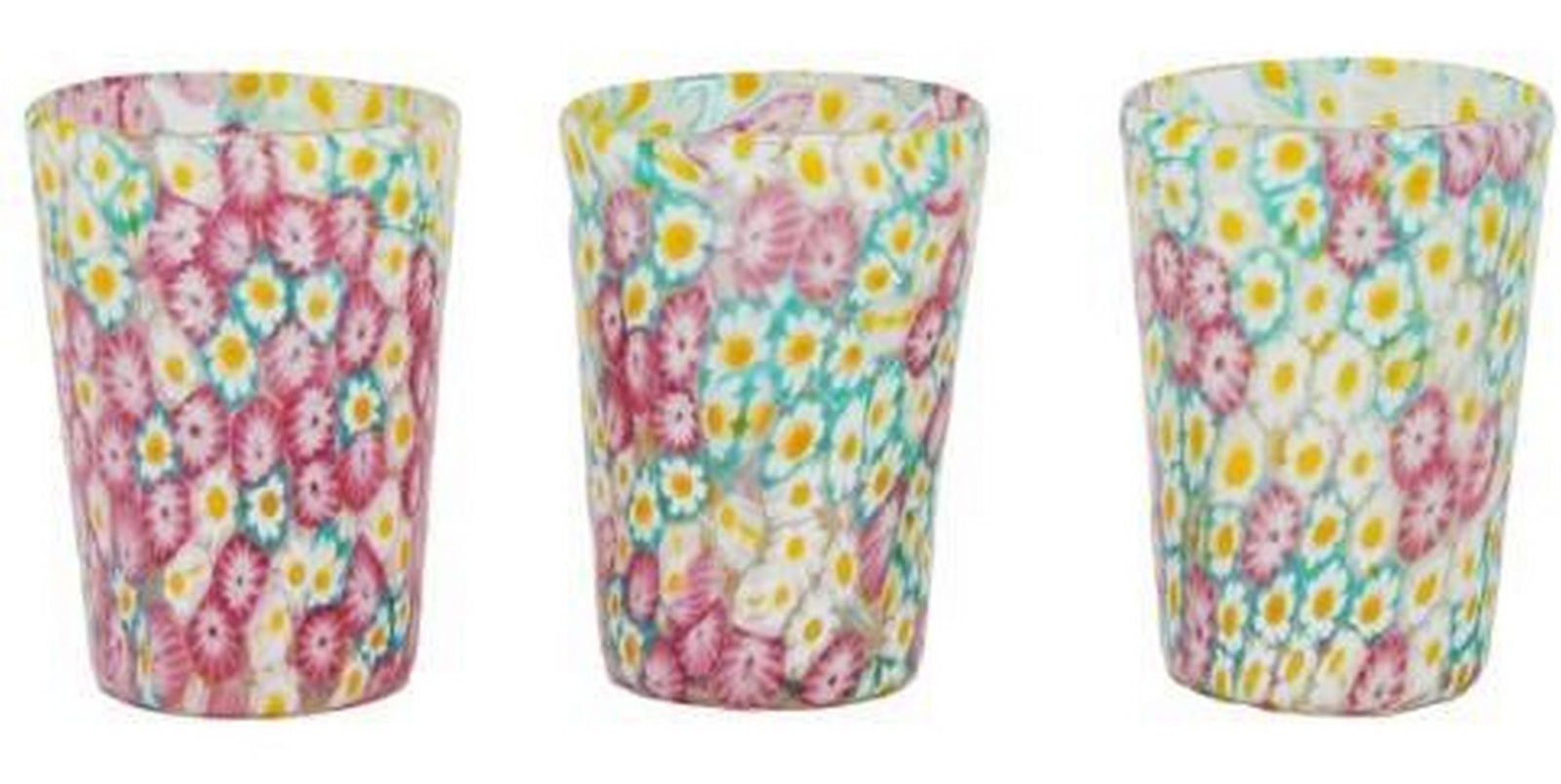 Set of 6 Millefiori Pink Murano Glass Drinking Glasses: Set of 6 Millefiori Pink Murano Glass Drinking Glasses Delicate and joyful, this set of six Murano glass drinking glasses are handcrafted in soft pink glass and adorned with intricate floral patterns