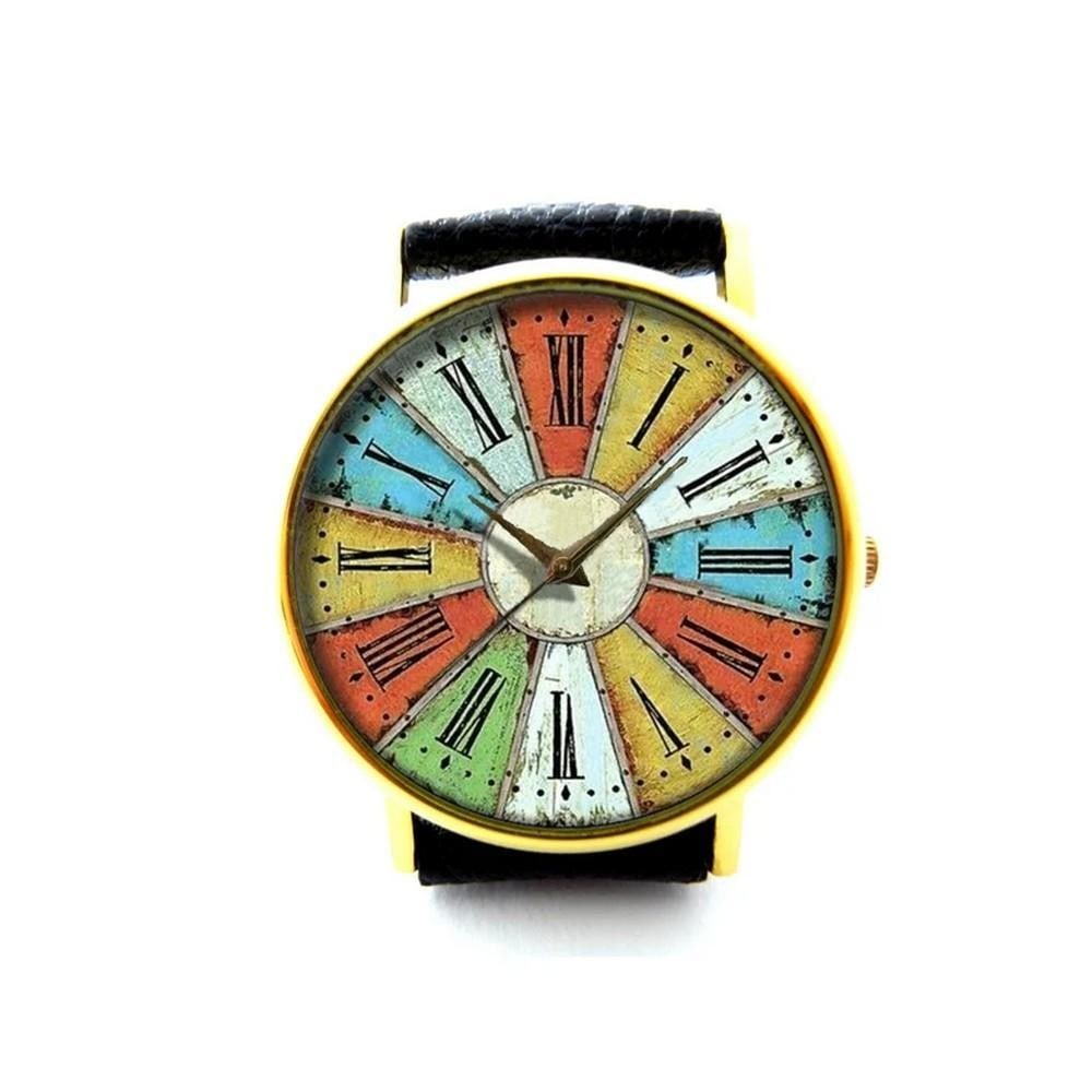 Unique Color Wheel Watch – Multicolor Roman Numeral Dial with Gold Bezel & Black Leather Band: Unique Color Wheel Watch – Multicolor Roman Numeral Dial with Gold Bezel & Black Leather Band A bold and playful timepiece that turns timekeeping into an art form. This unique wristwatch feature