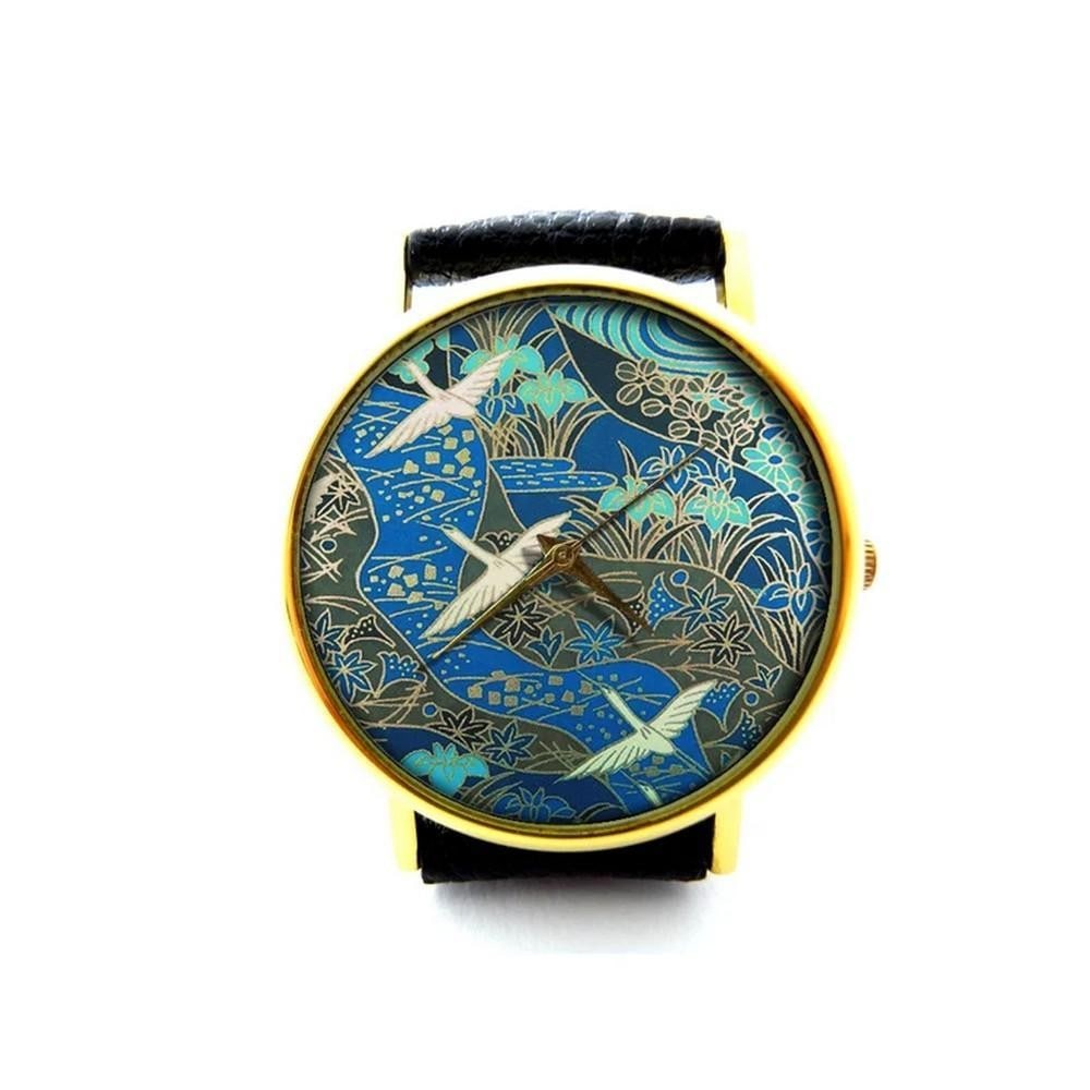 Unique Blue Bird Flight Watch Artistic Soaring Birds Dial with Gold Bezel & Black Leather Band: Unique Blue Bird Flight Watch Artistic Soaring Birds Dial with Gold Bezel & Black Leather Band A graceful and imaginative timepiece that captures the beauty of motion and nature. This unique wristwatc