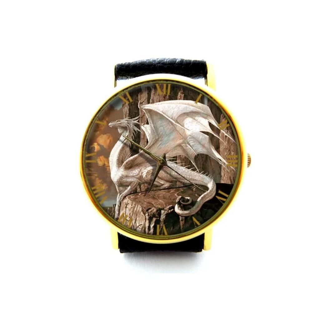 Unique Fantasy Dragon Watch – White Winged Dragon on Dial with Gold Bezel & Black Leather Band: Unique Fantasy Dragon Watch – White Winged Dragon on Dial with Gold Bezel & Black Leather Band A bold and imaginative timepiece that brings fantasy to life. This unique wristwatch showcases a st