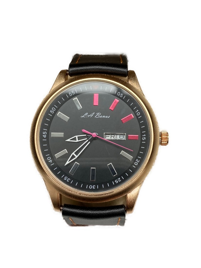 Womens L.A. Banus Matte Black Dial Genuine Leather Band Watch: Men’s LA Banus Conflict Contemporary Day/Date Watch, Sporting A Luxury Genuine Black Leather Strap & Silver Colored Case. A Stand Out Design Showcasing A Contrasting Look In Color To Catch The E