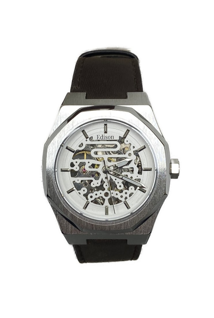 Mens Edison Brushed Stainless Steel Finish & Genuine Leather Band Skeleton Watch (1 of 3)