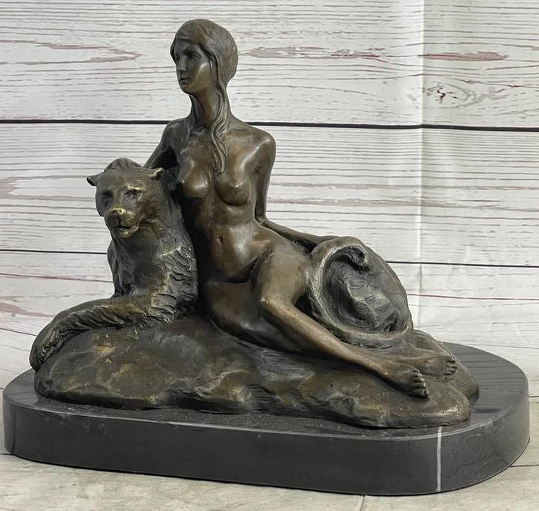 Aldo Vitaleh's Sensual Harmony Bronze Sculpture of a Seated Nude Woman and Panther - 9.5" x 10.5": Aldo Vitaleh's Sensual Harmony Bronze Sculpture of a Seated Nude Woman and Panther - 9.5" x 10.5" Presenting a breathtaking bronze sculpture that skillfully captures the delicate interplay