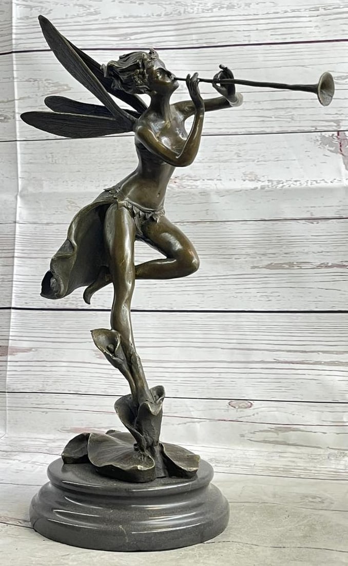 Signed Original Trumpeting Winged Fairy Bronze Sculpture On Marble Base - 15" x 10": Signed Original Trumpeting Winged Fairy Bronze Sculpture - 15" x 10" A Fairy Flies from Heaven. She hails from from the heavens and fights for the salvation of our world as well as his from d
