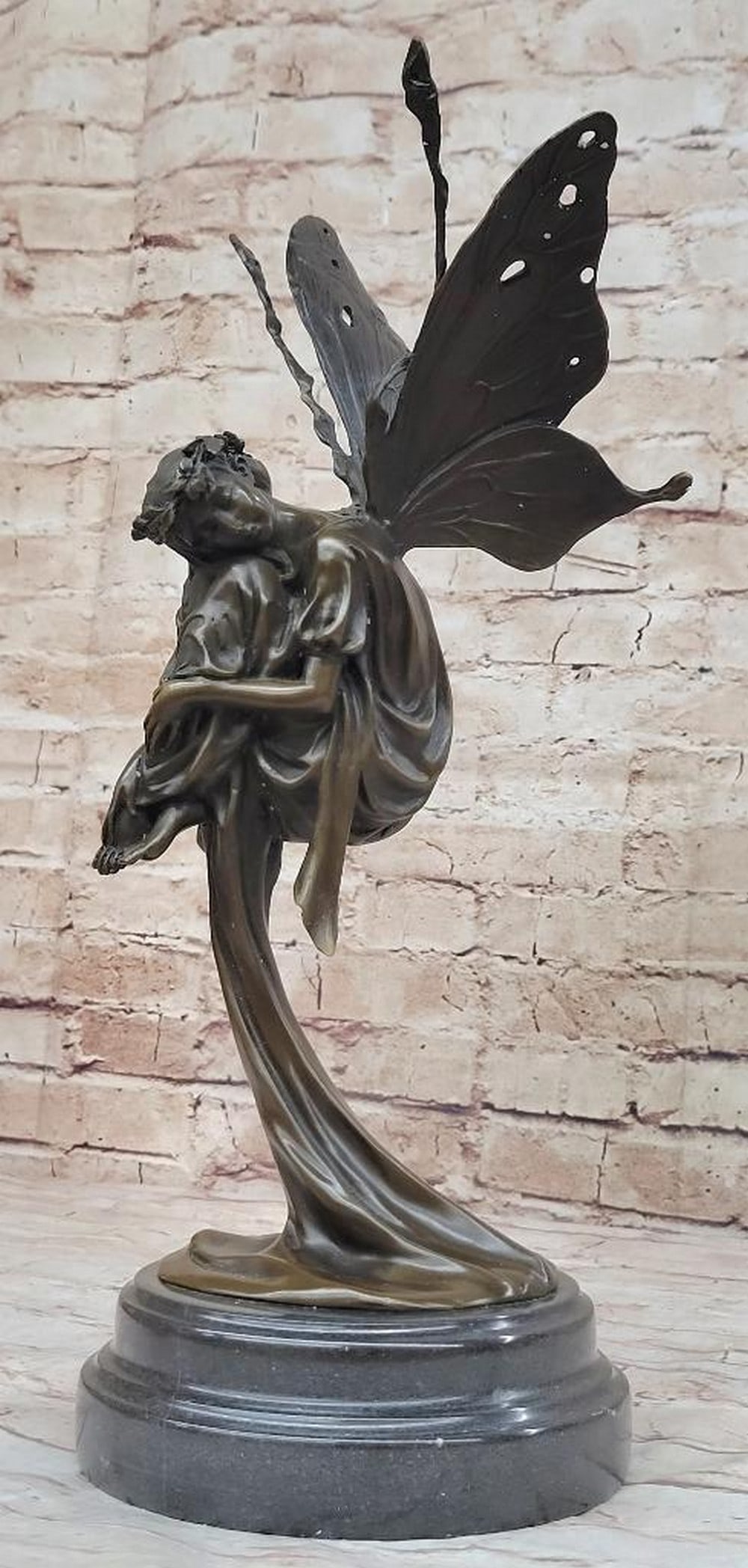 Original "Fairy Flies" Resting Winged Bronze Fairy On Marble Base - 11lbs: An Fairy Flies from Heaven. She hails from from the heavens and fights for the salvation of our world as well as his from darkness of any form. She wears a robe and sandals, carrying a message with he
