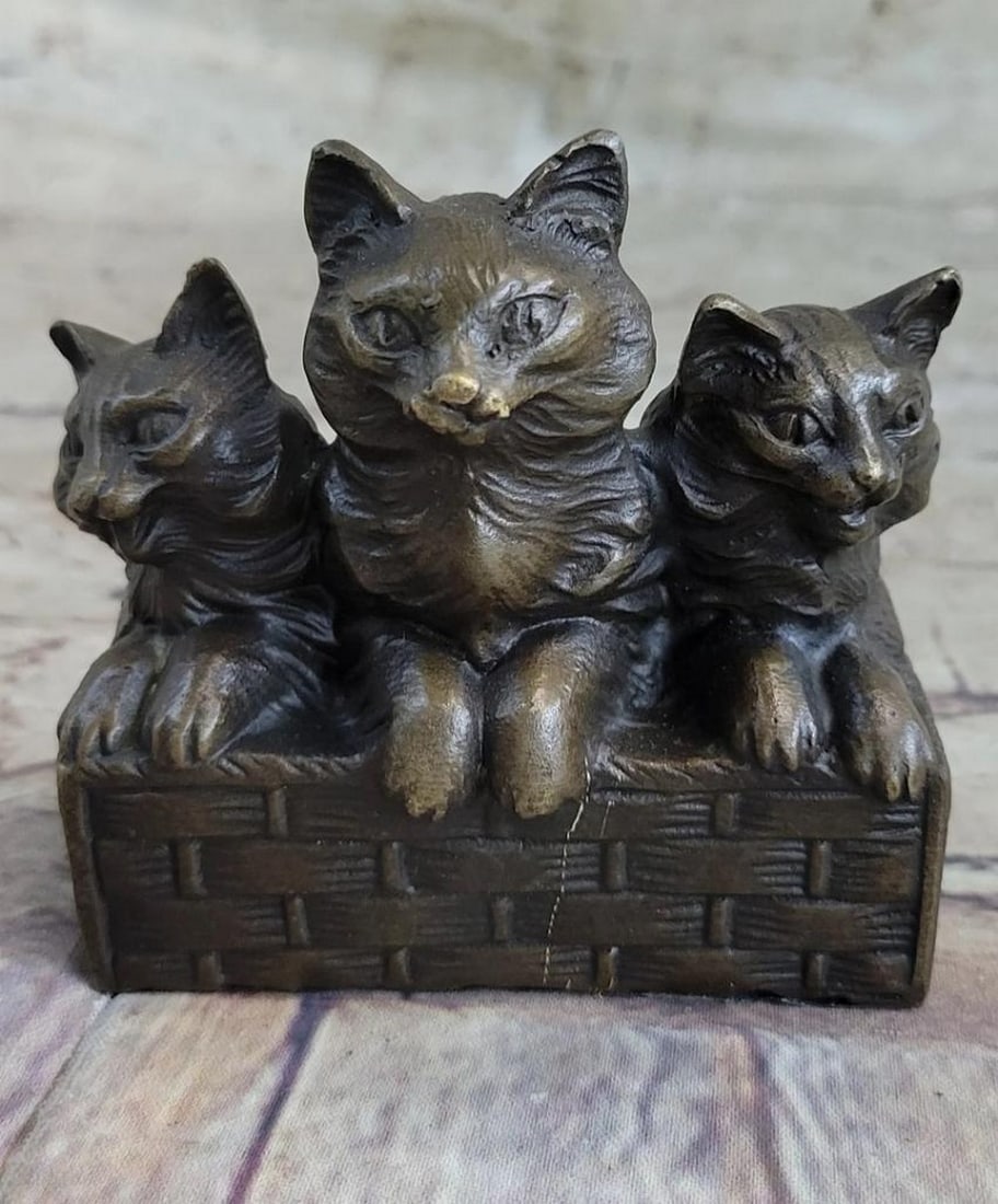 Original Comfy Cats In A Basket Bronze Sculpture - 4" x 4.5": Original Comfy Cats In A Basket Bronze Sculpture - 4" x 4.5" Reminiscent of the art deco period, this unique artistic rendering of a three cats sitting in a classic pose is truly a special wa